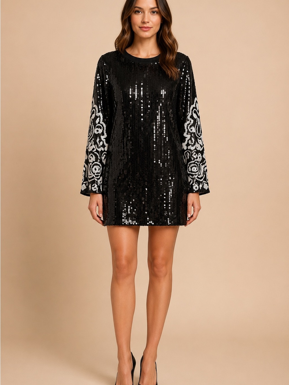 Boujee Bandana Sequin Mini Dress in black and white.